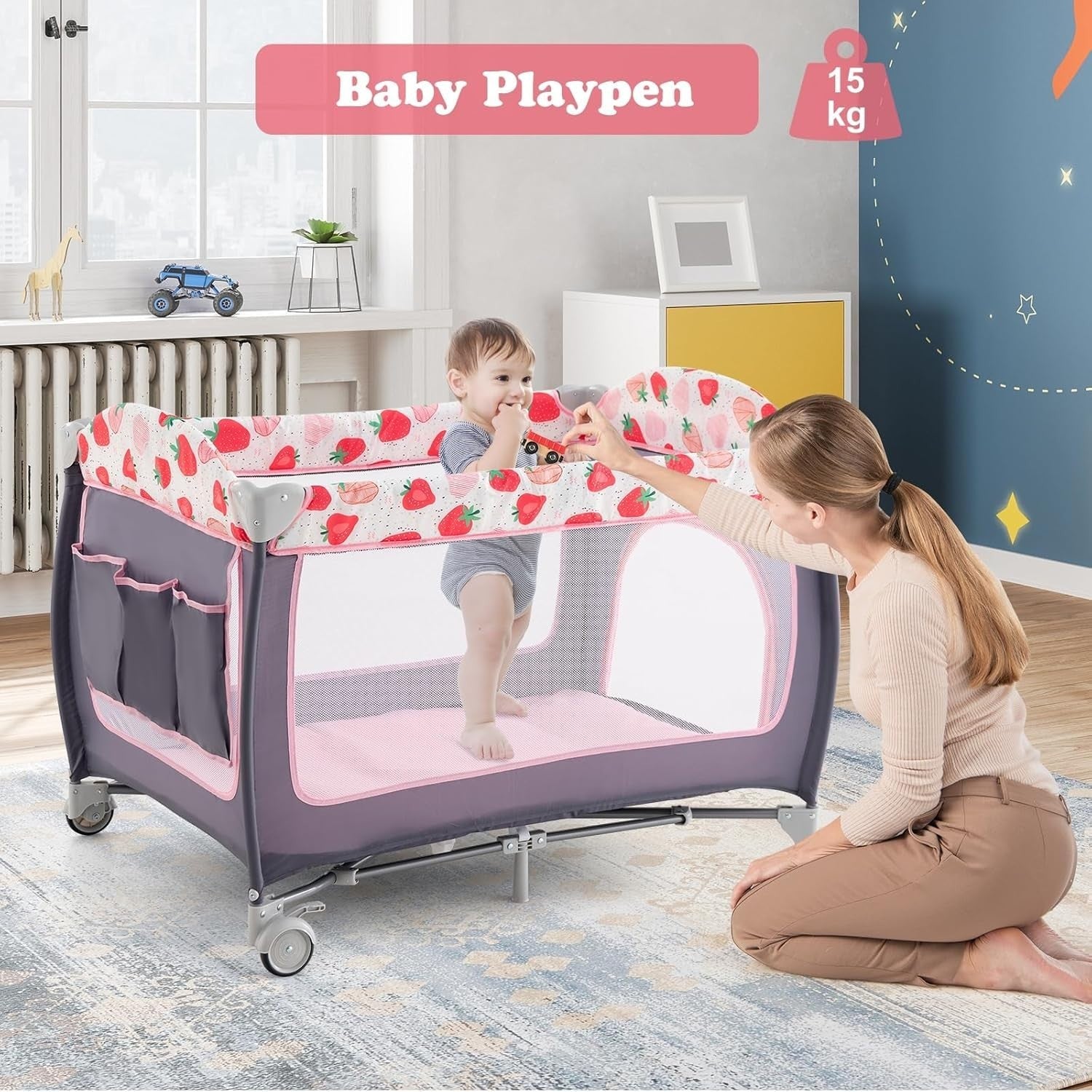 4in1 Baby Travel Cot Foldable Crib with Mattress, Changer & Storage Strawberry