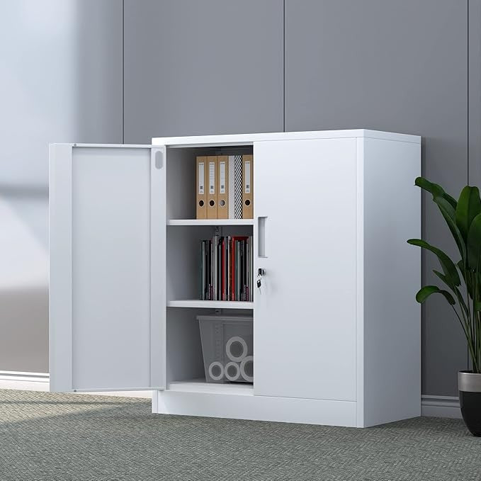 White Metal Storage Cabinet with Lock & Adjustable Shelves 92CM Office Cupboard