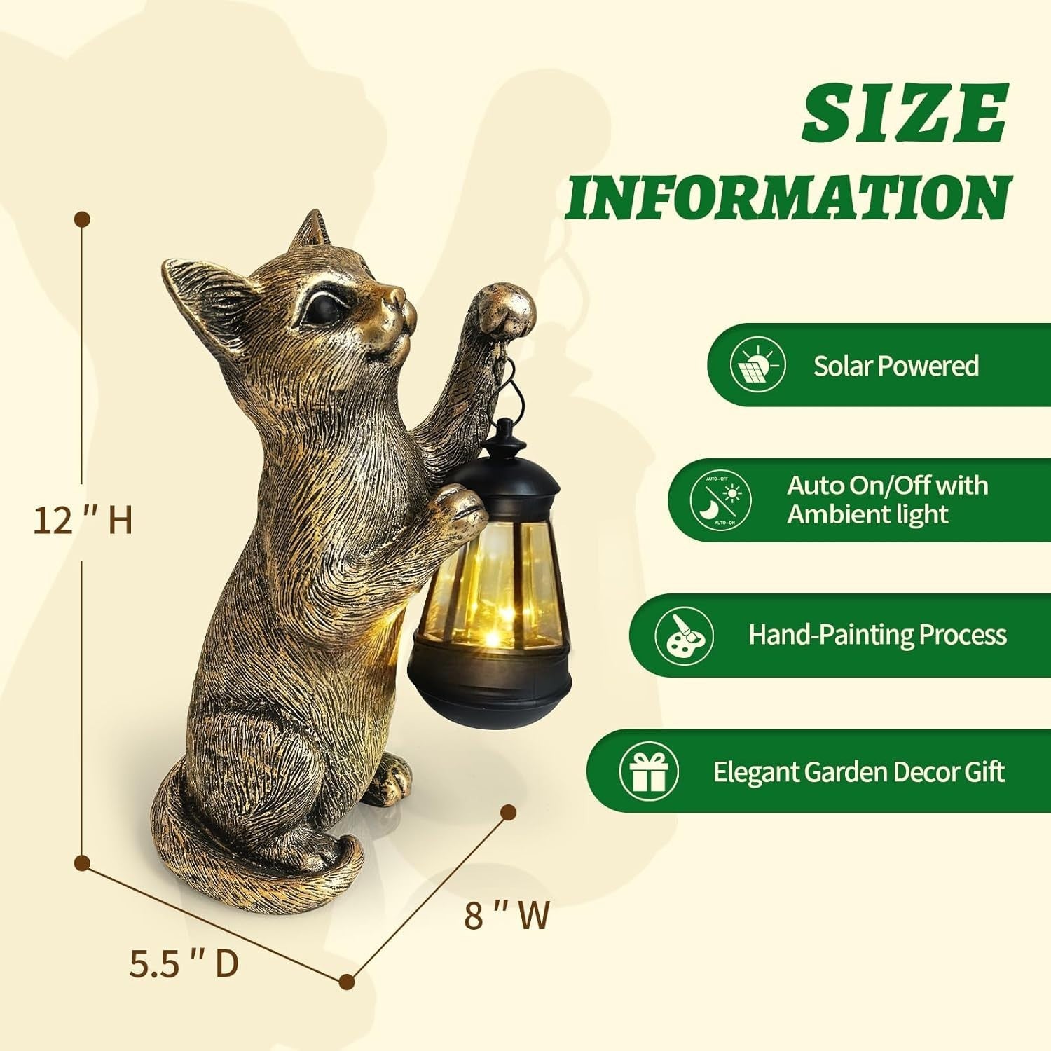 Solar Cat Garden Statue with Lantern Outdoor Resin Ornament LED Yard Decor
