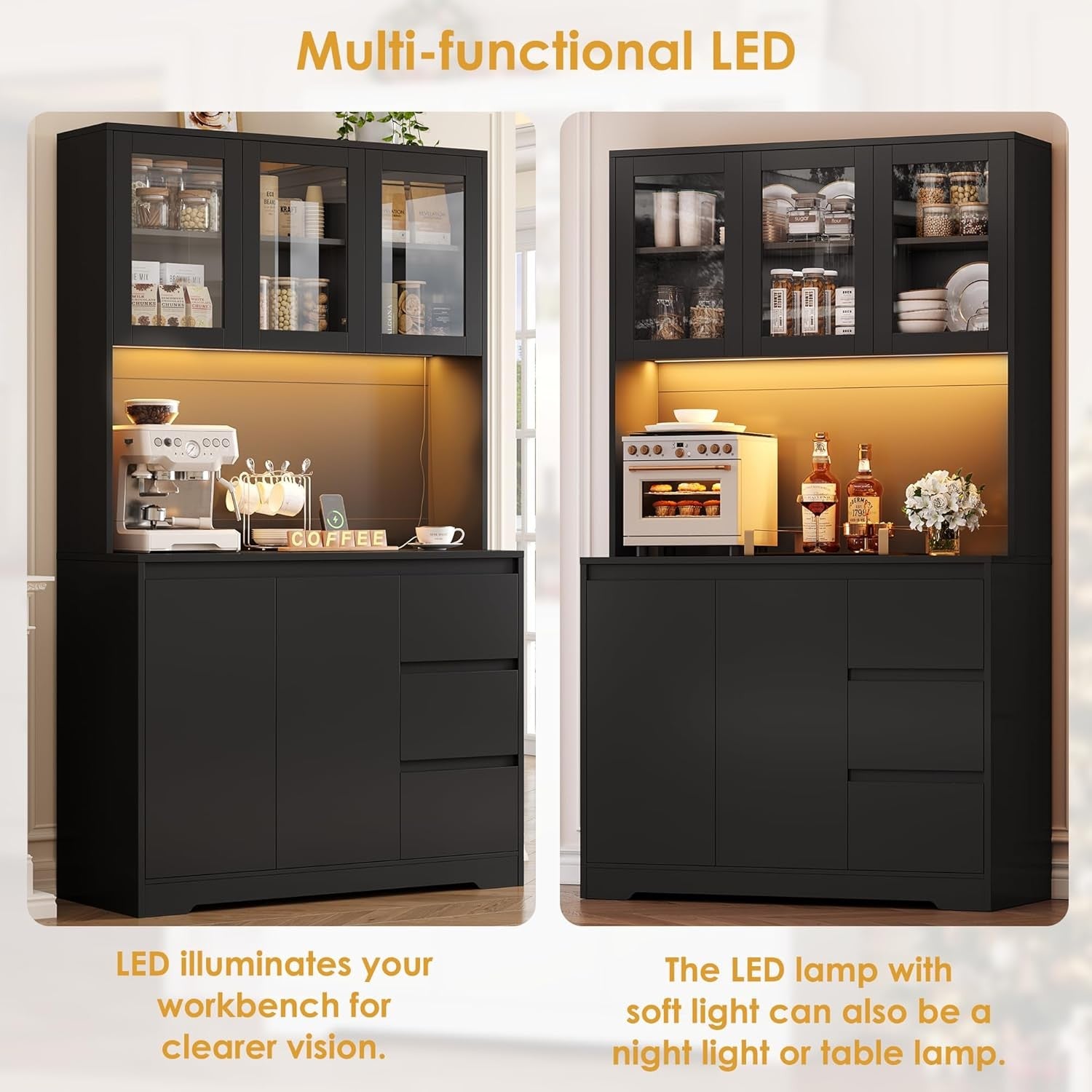 Tall Black Kitchen Cabinet with LED Lights, Drawers & Adjustable Shelves