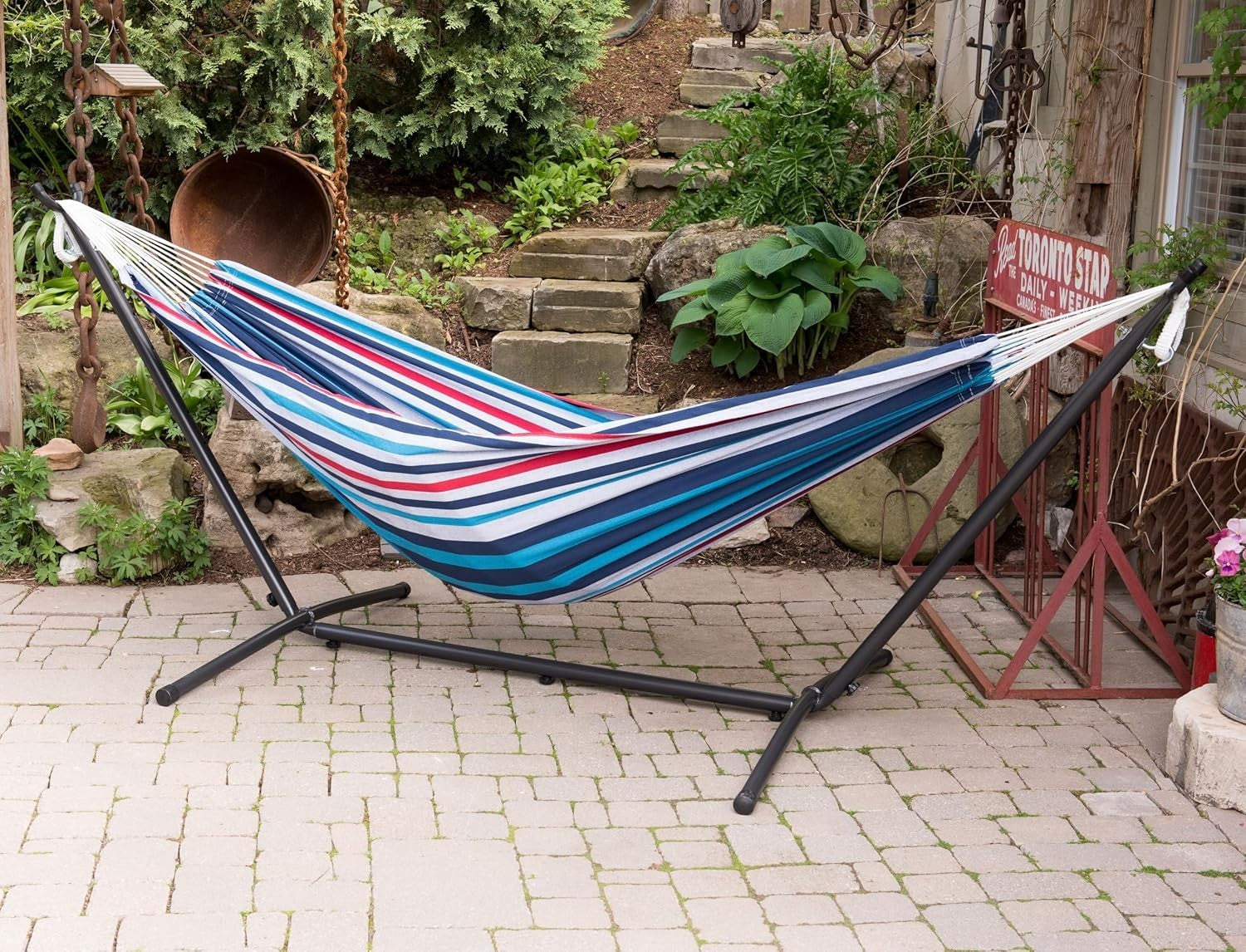 Double Cotton Hammock with Steel Stand 204kg Capacity Adjustable Indoor Outdoor