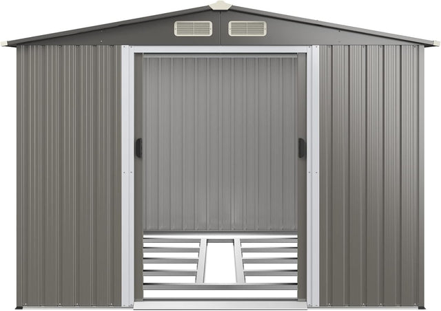 8.5x7FT Metal Garden Shed with Double Sliding Doors & Floor Foundation