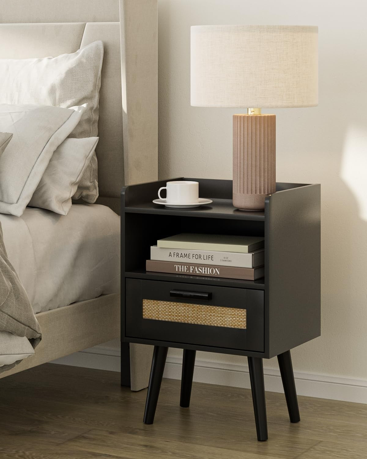Rattan Bedside Table with Drawer – Modern Wood Nightstand for Bedroom