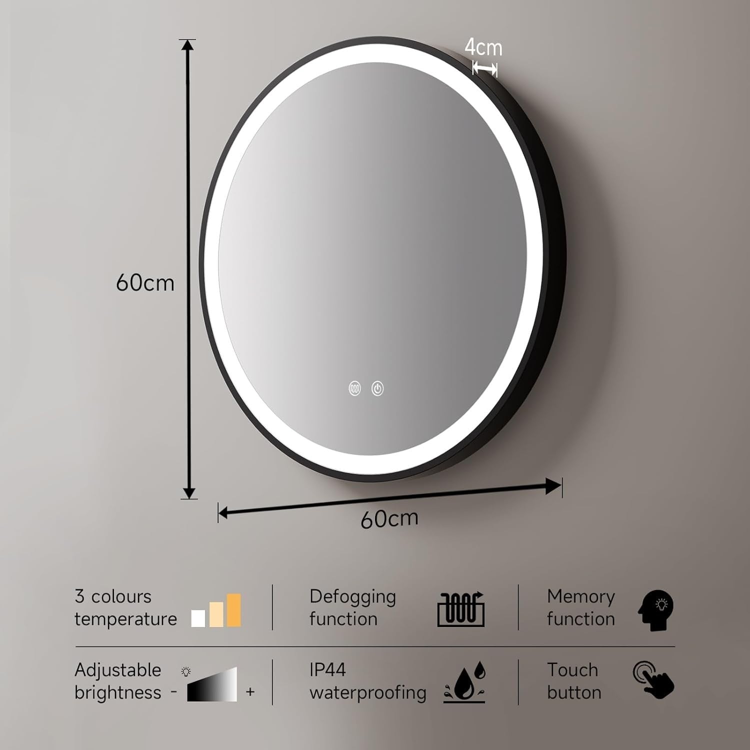 LED Bathroom Mirror 60cm Round RGB Dimmable Anti-Fog Touch Control