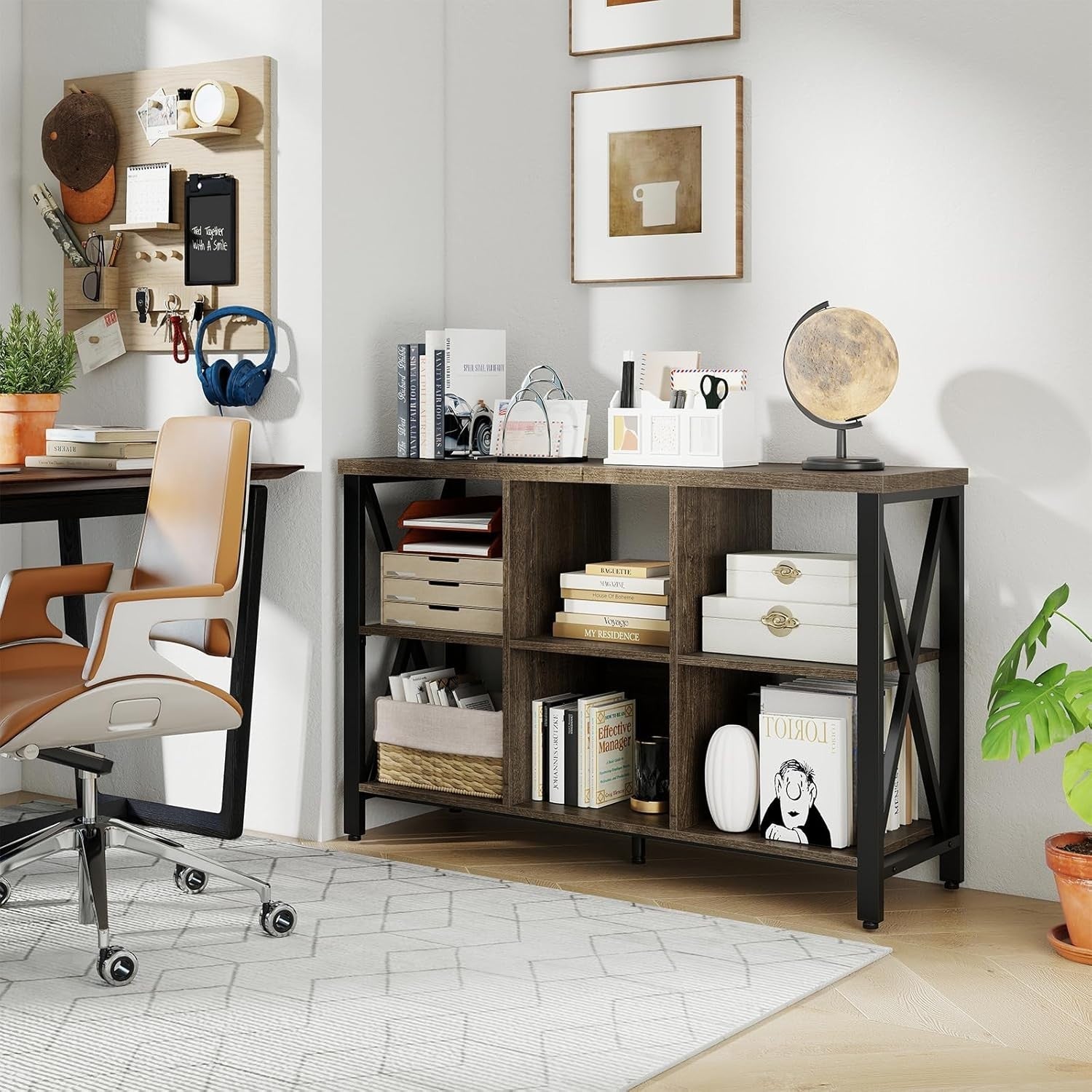 6-Cube Grey Storage Bookcase Industrial Metal Frame Durable 120x35x76cm