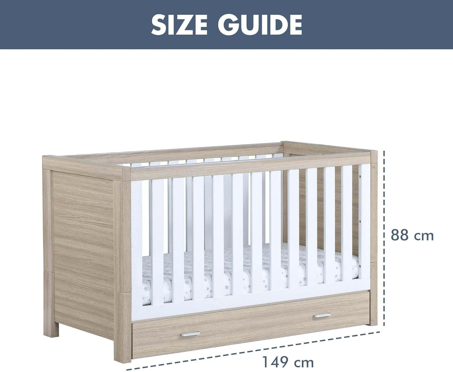 Convertible Baby Cot Bed with Drawer Toddler Bed Adjustable Height Oak White