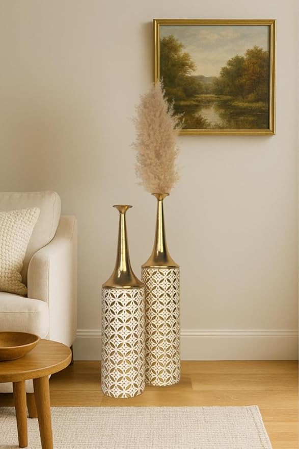 Tall Floor Vases Set of 2 Gold White Metal Home Decor 66/59cm