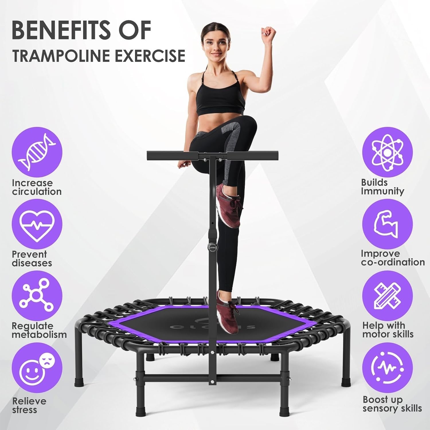 45in Springless Fitness Rebounder Adjustable Handle Quiet Indoor