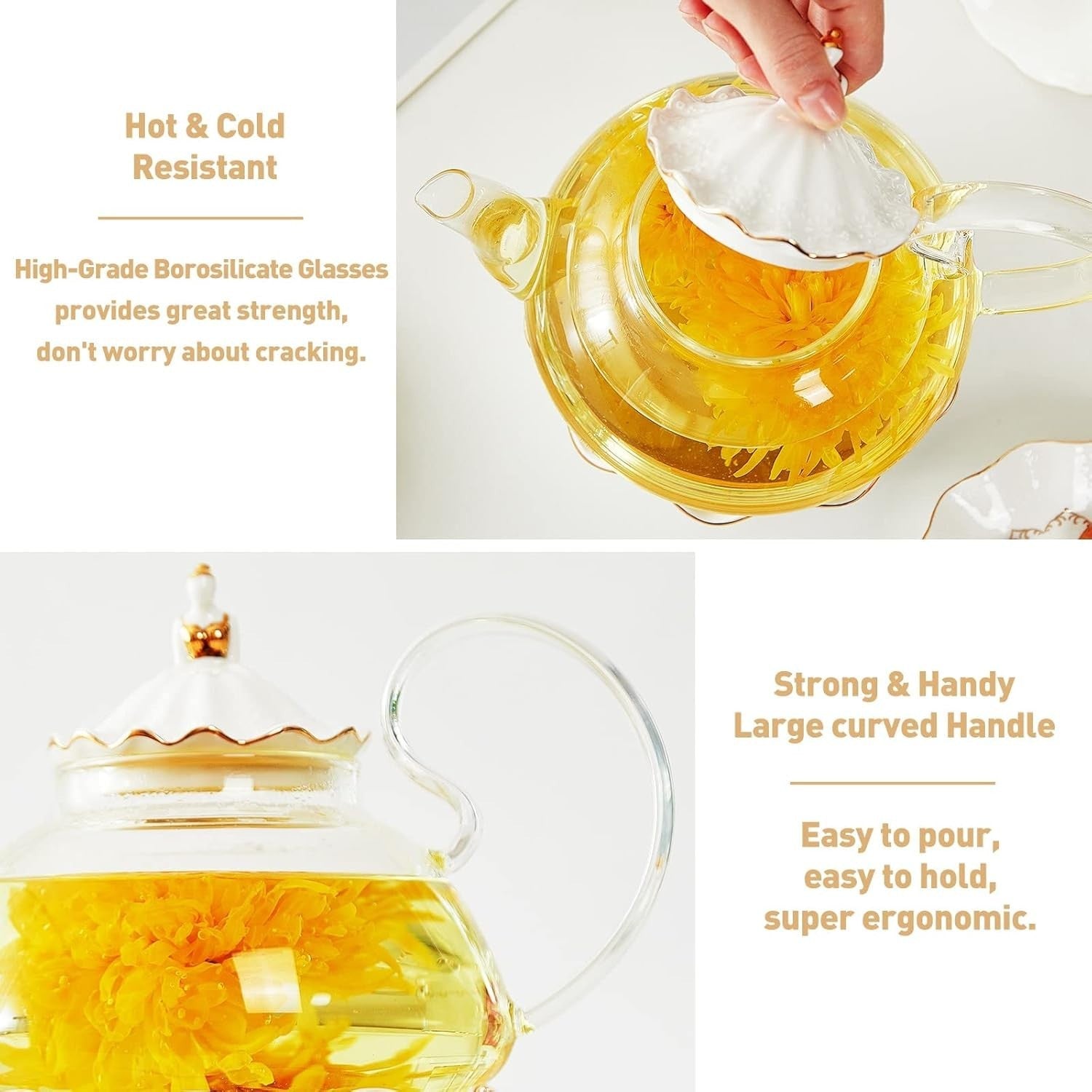 Luxury Blooming Tea Pot Set 1.2L Warmer Infuser Gold Trim Gift