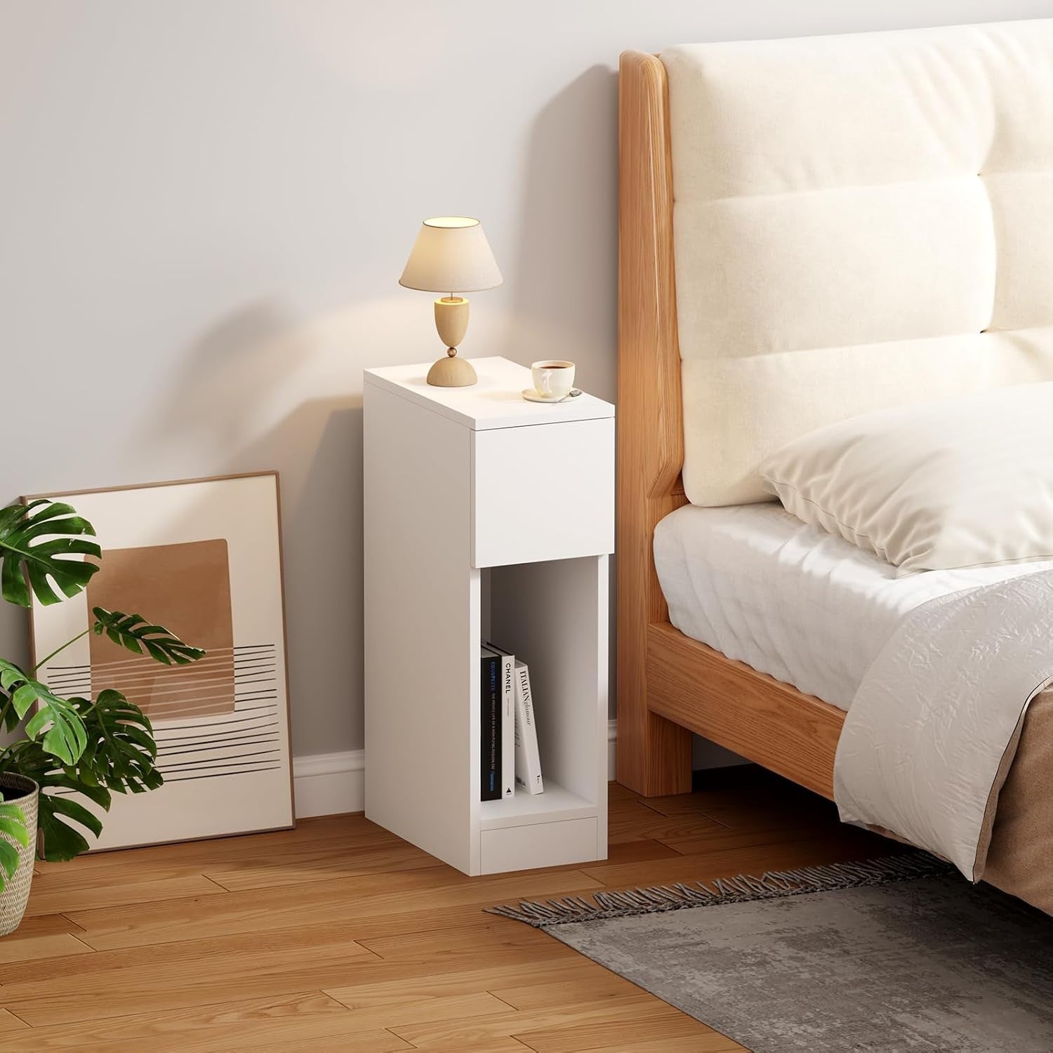Set of 2 Slim White Bedside Tables with Drawer & Shelf, Narrow Nightstands