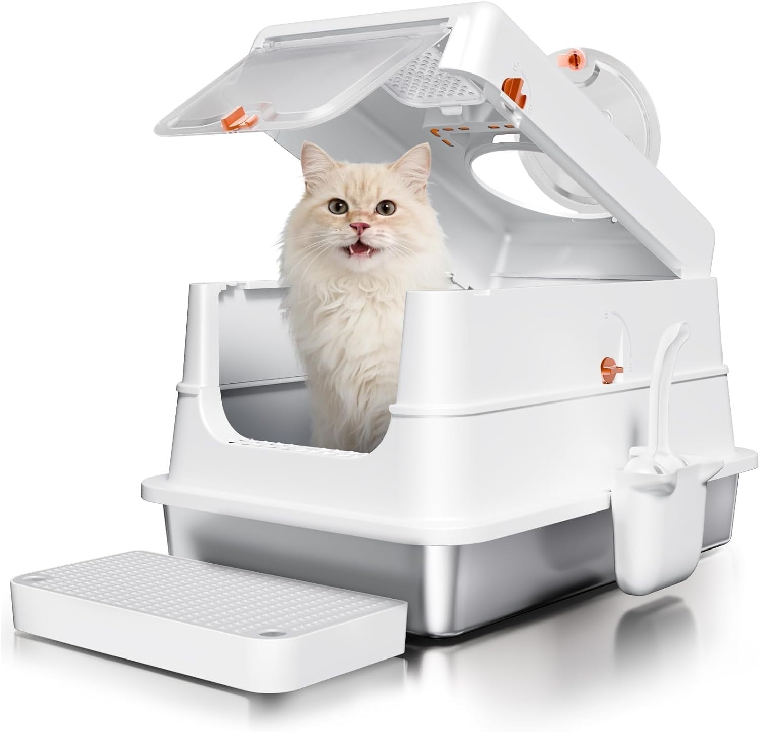 XL Stainless Steel Cat Litter Box Covered Leak Proof Odor Control White