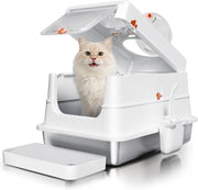 XL Stainless Steel Cat Litter Box Covered Leak Proof Odor Control White