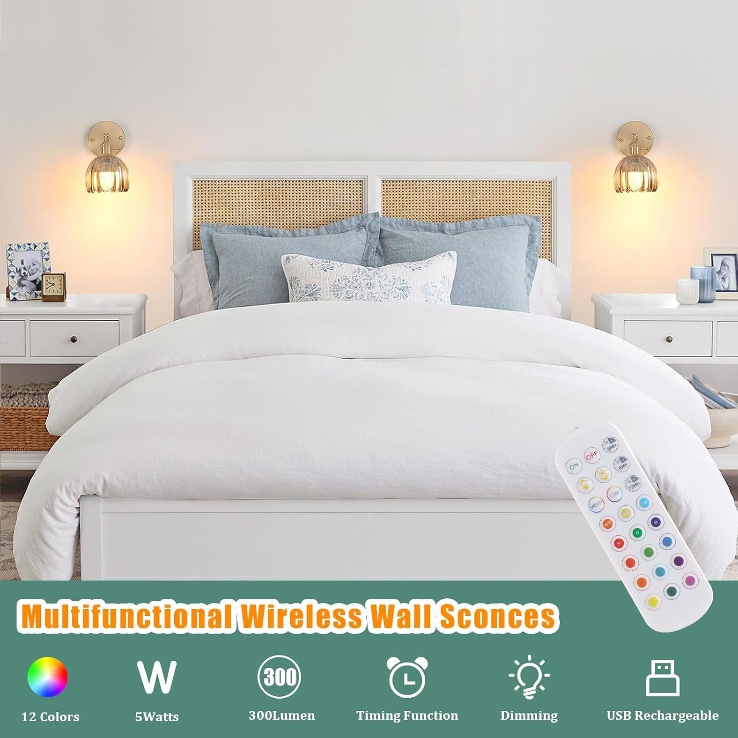 Set of 2 Rechargeable Wall Sconces with Remote, 12 Color Dimmable LED Lights