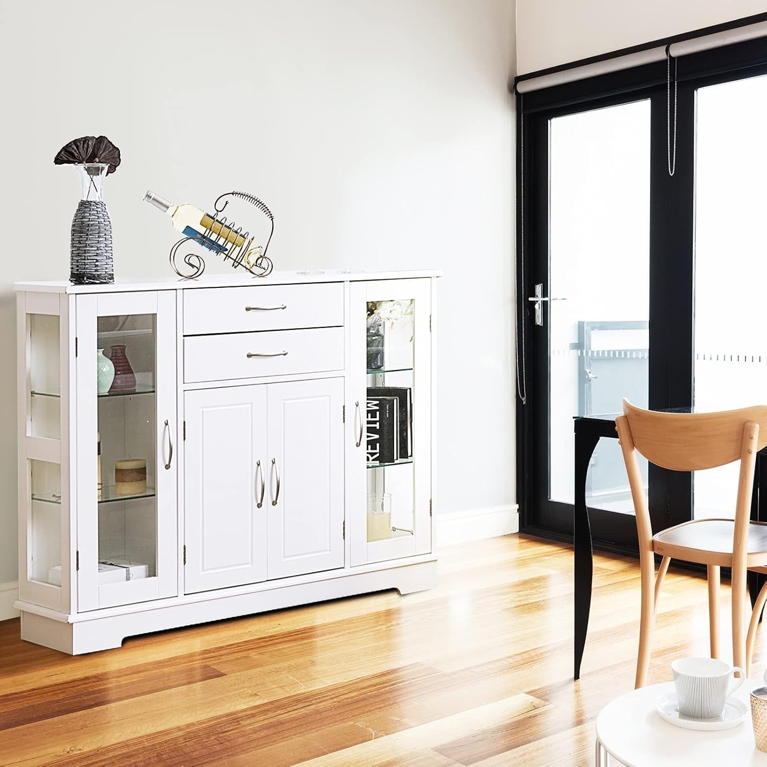 White  Sideboard Buffet Cabinet Glass Doors Storage Unit with Drawers