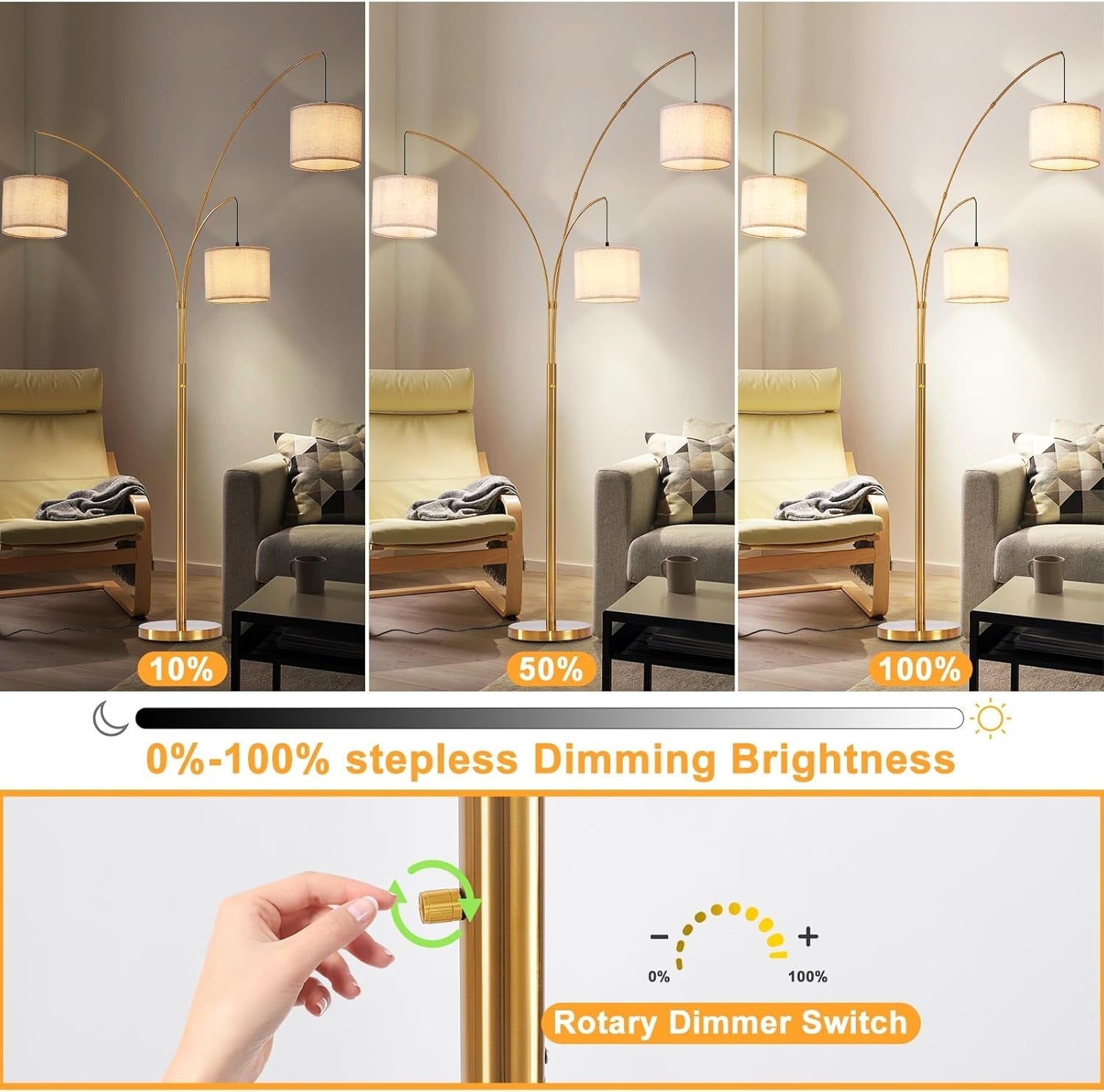 3-Head Gold Arc Floor Lamp Beige Shade Dimmable LED Living Room Light