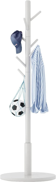 Modern White Wooden Coat Rack 8 Hooks Adjustable Height Free Standing Hanger