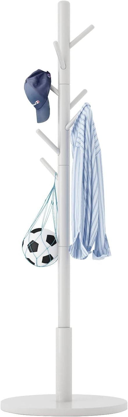 Modern White Wooden Coat Rack 8 Hooks Adjustable Height Free Standing Hanger