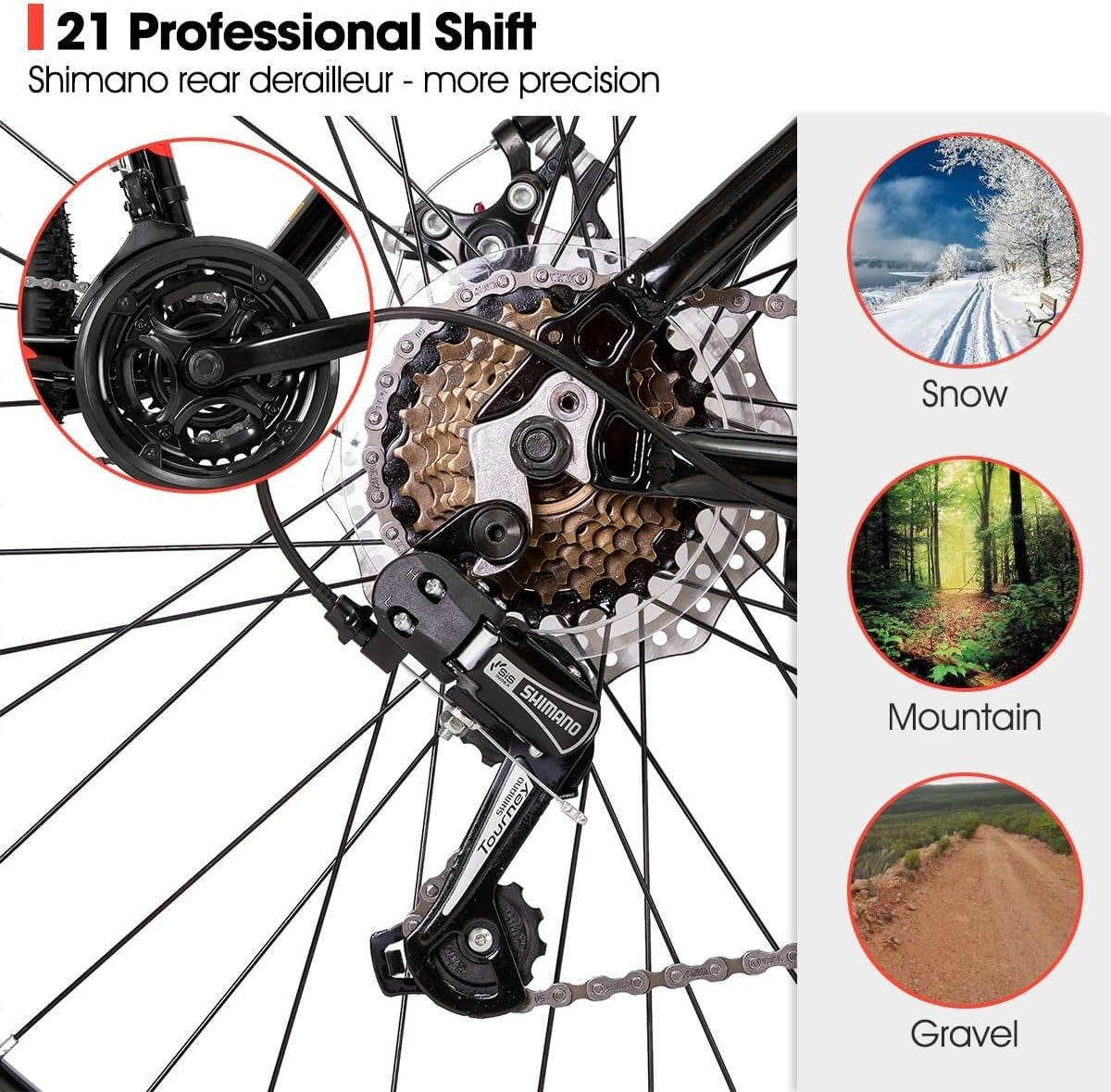 26” Mountain Bike 21-Speed Aluminum Frame Disc Brake MTB for Adults