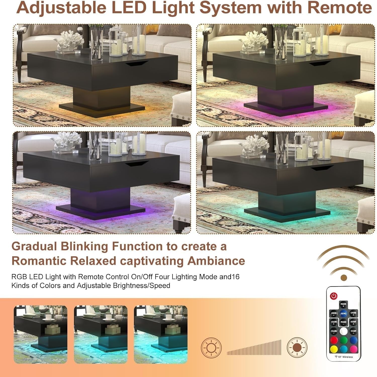 Lift Top LED Coffee Table with Storage 78x78cm – Black Modern Living Room