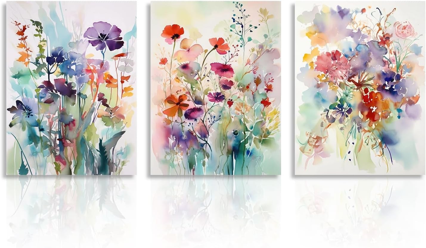 3Pcs Watercolor Flower Canvas Wall Art – Colorful Botanical Prints 12x16in