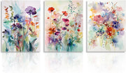 3Pcs Watercolor Flower Canvas Wall Art – Colorful Botanical Prints 12x16in