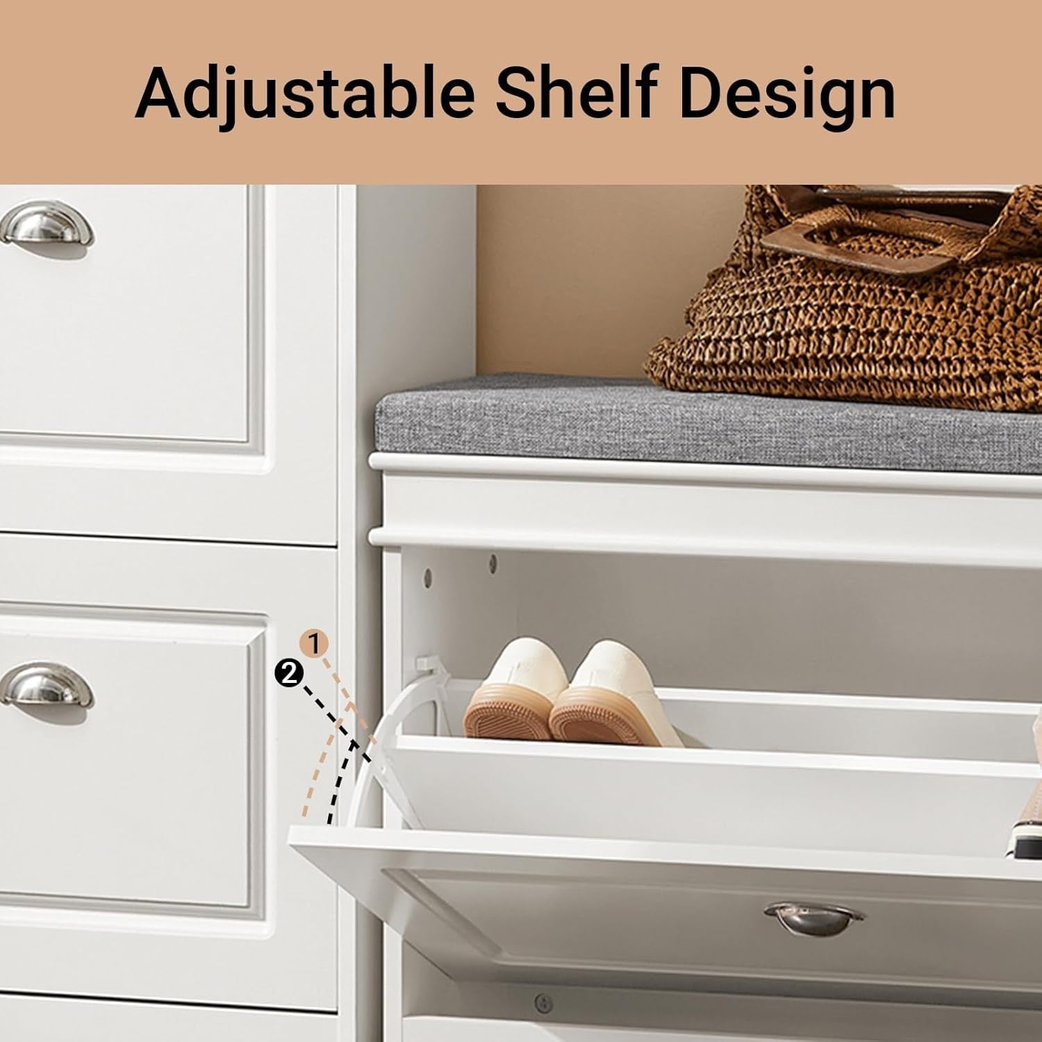 Compact White Shoe Storage Bench with Flip Drawer & Cushion, 150kg Load