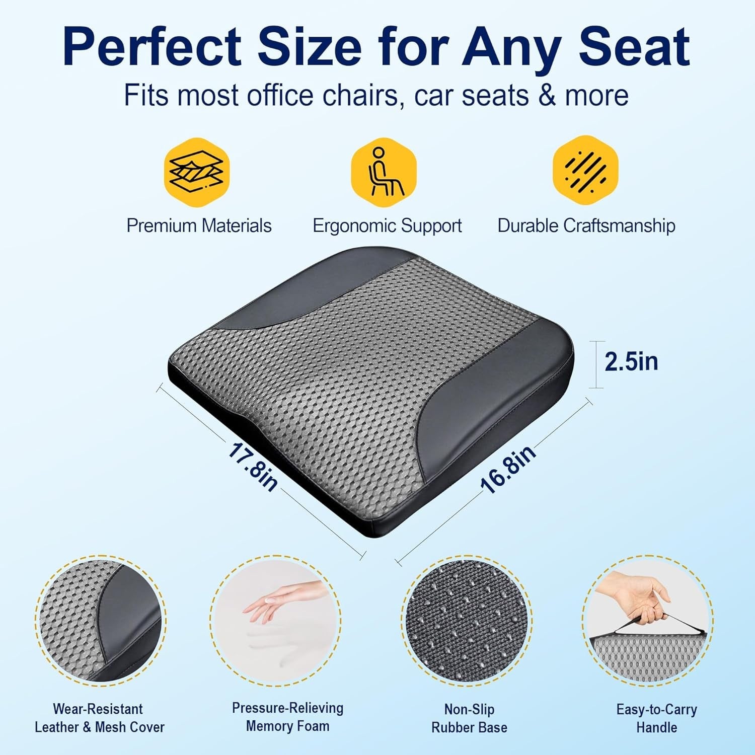 Memory Foam Car Seat Cushion Height Booster Coccyx Back Pain Relief