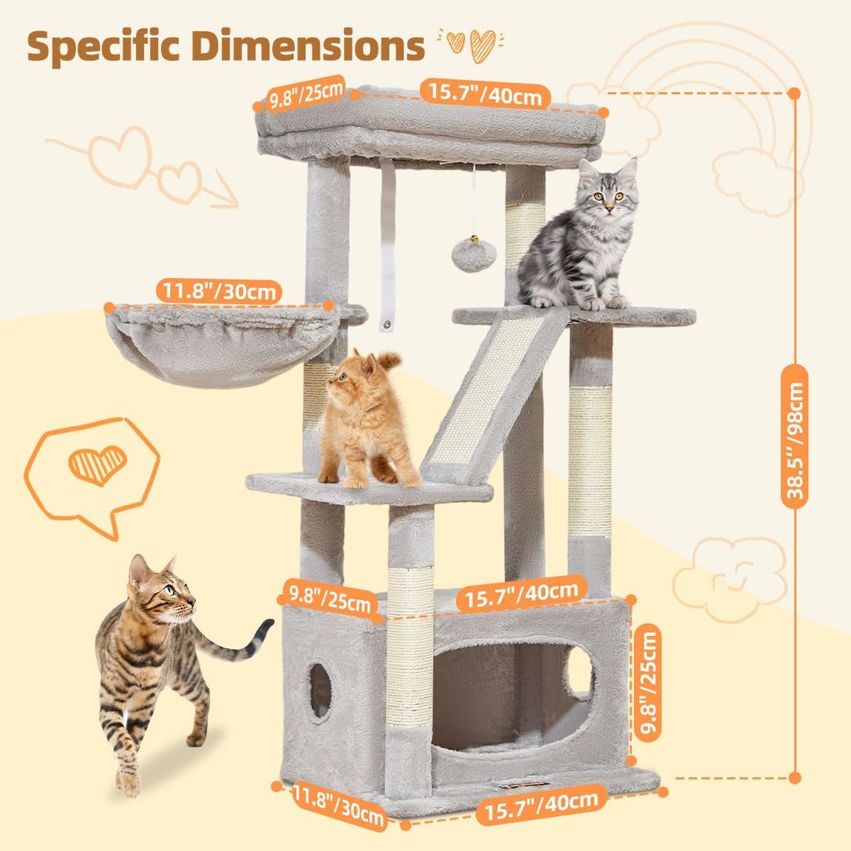 98cm Cat Tree Tower Indoor Scratching Post with Condo Hammock & Perch