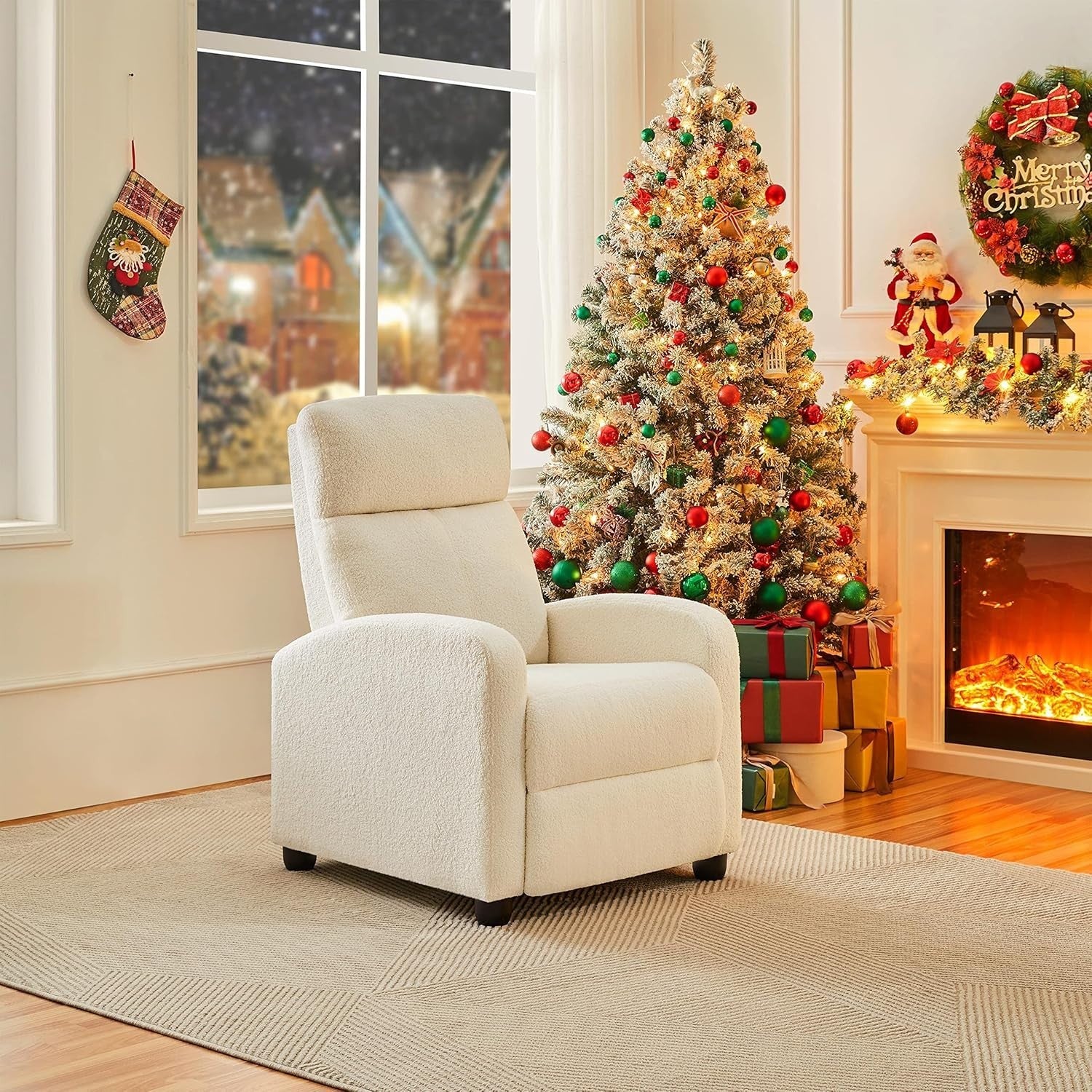 Ivory Boucle Recliner Armchair Sofa Lounge Chair Soft Adjustable Seat