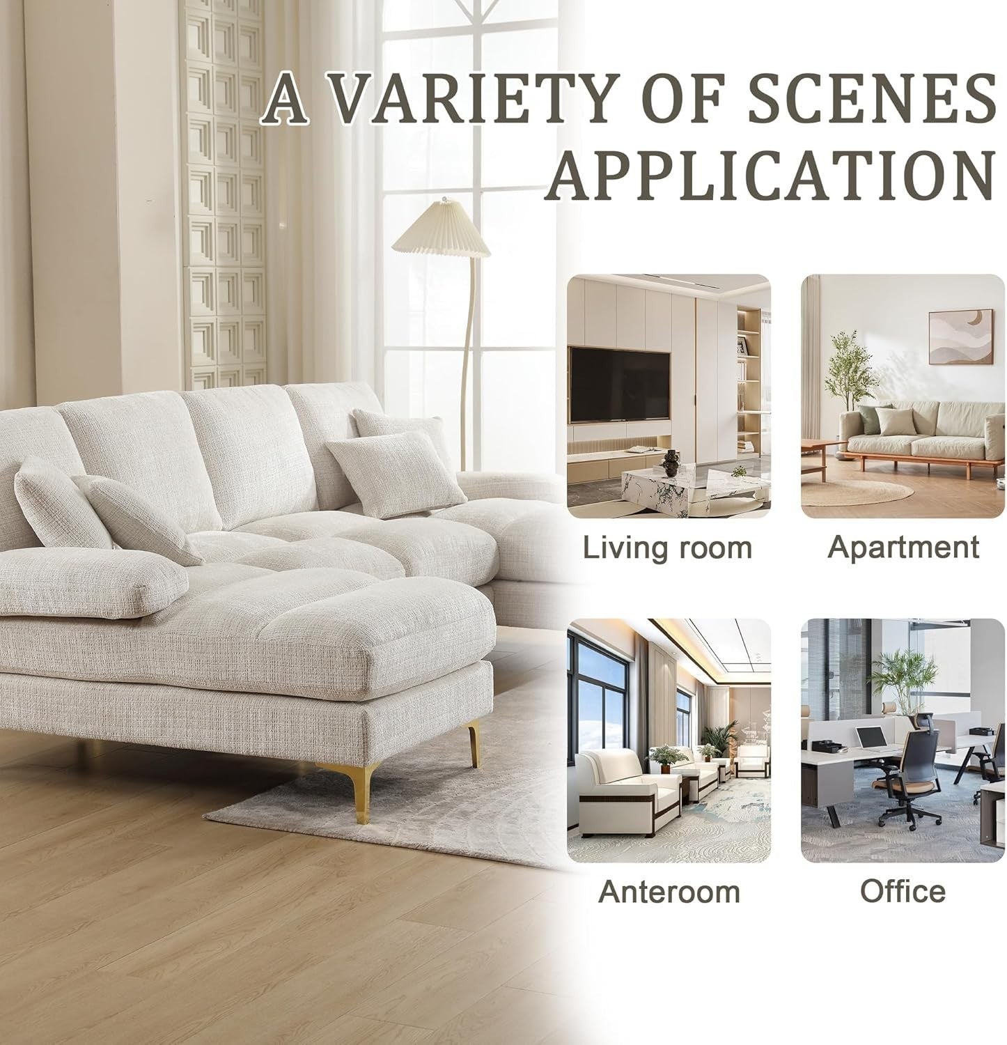 4 Seater U-Shaped Sofa Beige Chenille Sectional with Double Chaise & 4 Pillows