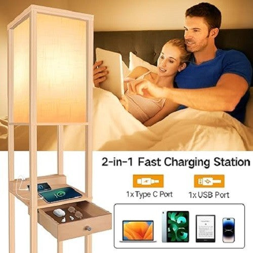 Floor Lamp with Drawer Shelves USB Dimmable LED Wooden Standing Light