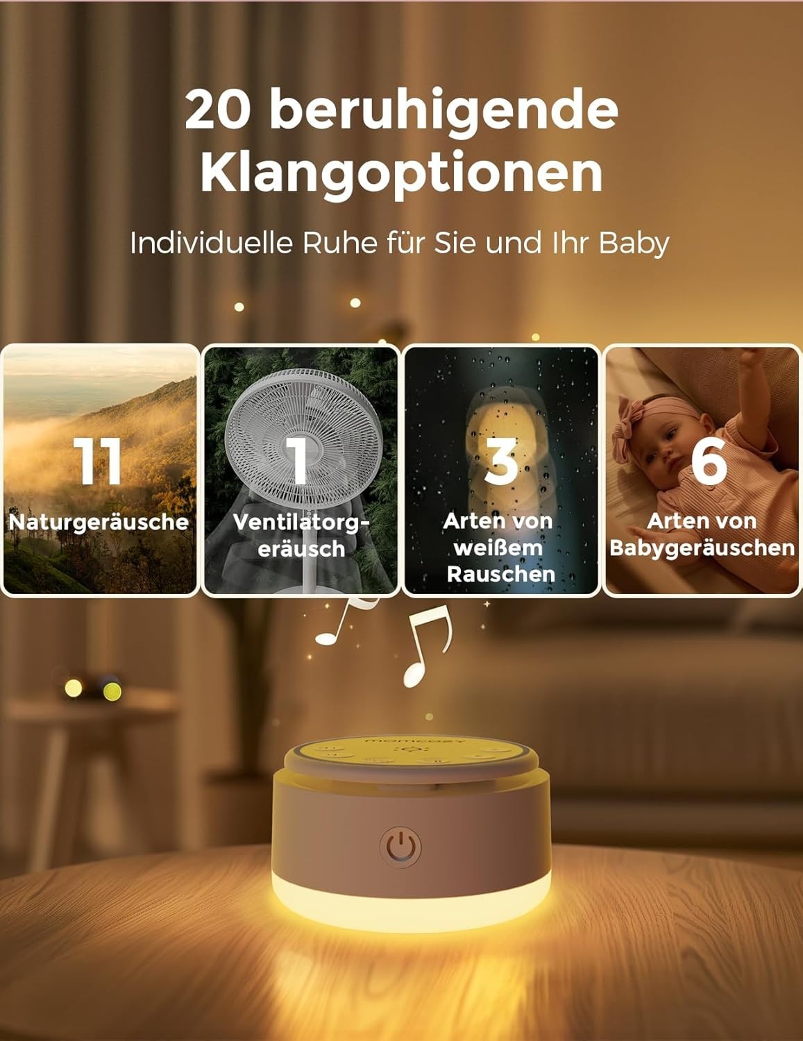 Portable White Noise Machine for Baby & Adults | 20 Soothing Sounds + Touch Lamp