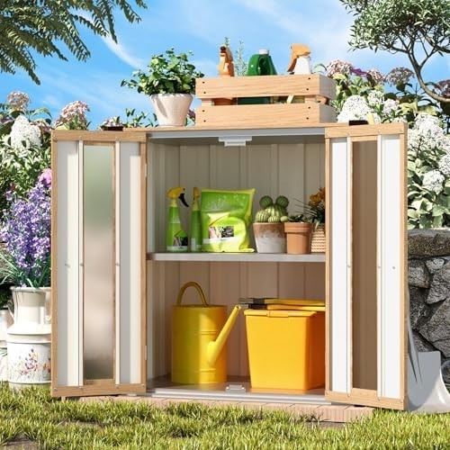 Metal Garden Storage Cabinet Outdoor Shed with Shelves & Windows Brown