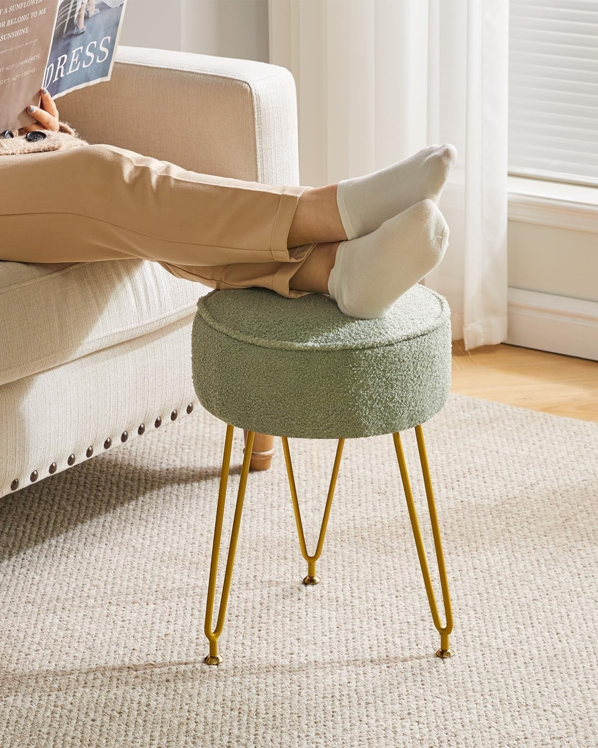 Teddy Velvet Round Footrest Ottoman – Makeup Vanity Stool with Steel Legs