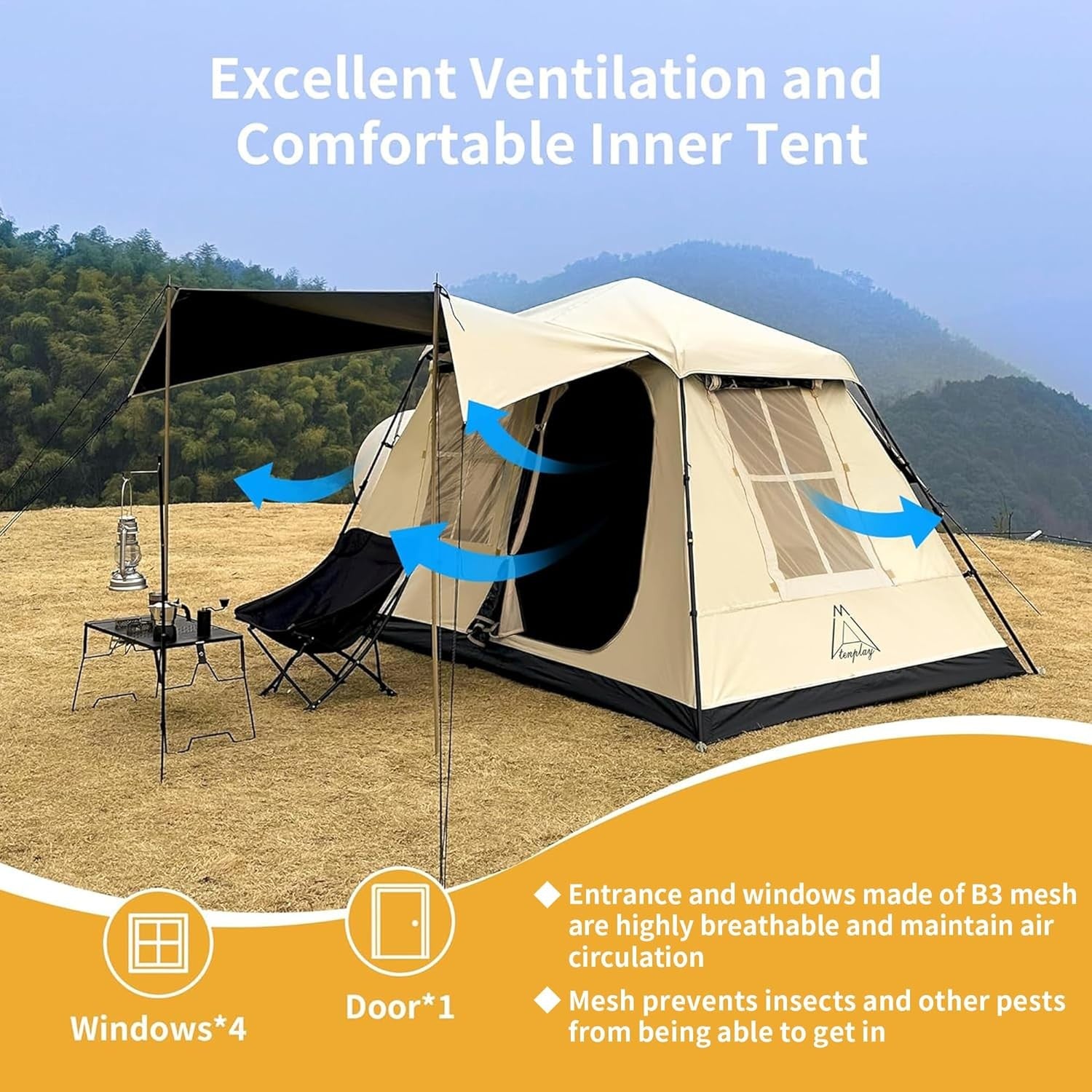 Beige/Black 2-4 Person Instant Cabin Family Camping Tent – Waterproof & Spacious