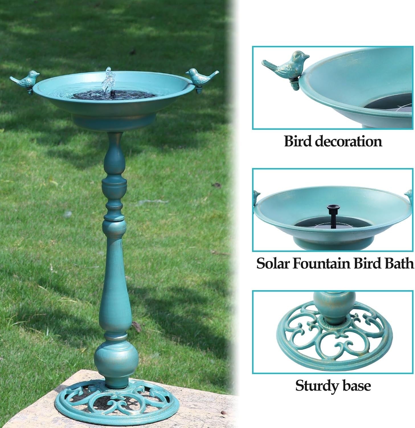 Solar Powered Bronze Bird Bath Fountain 26.6" Outdoor Metal Garden Feature