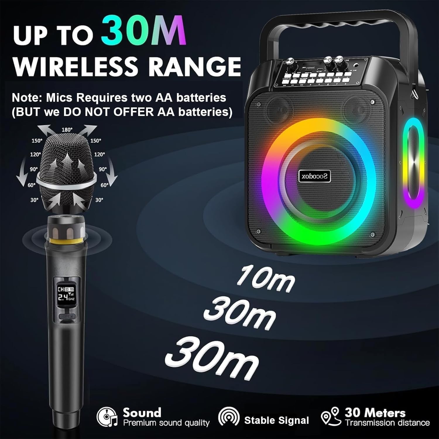 30W Karaoke Machine Black 2 Wireless Mics RGB Lights
