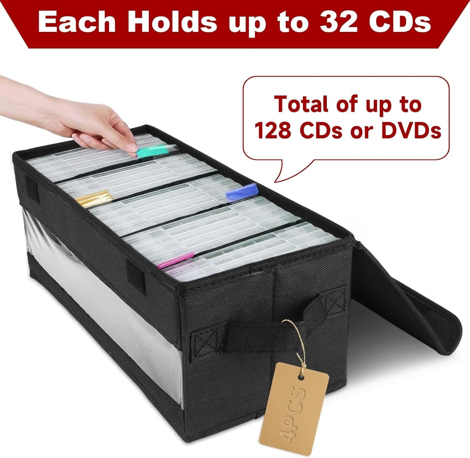4 Pack CD DVD Storage Boxes Stackable Fabric Organizer Cases with Lids
