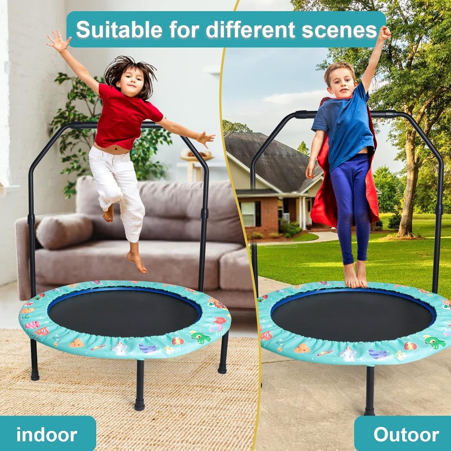 36'' Kids Foldable Trampoline with Adjustable Handle Quiet Indoor Outdoor Green