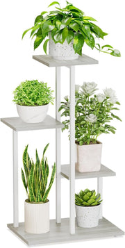 4 Tier White Metal & Wood Plant Stand | Modern Indoor Corner Shelf Display Rack