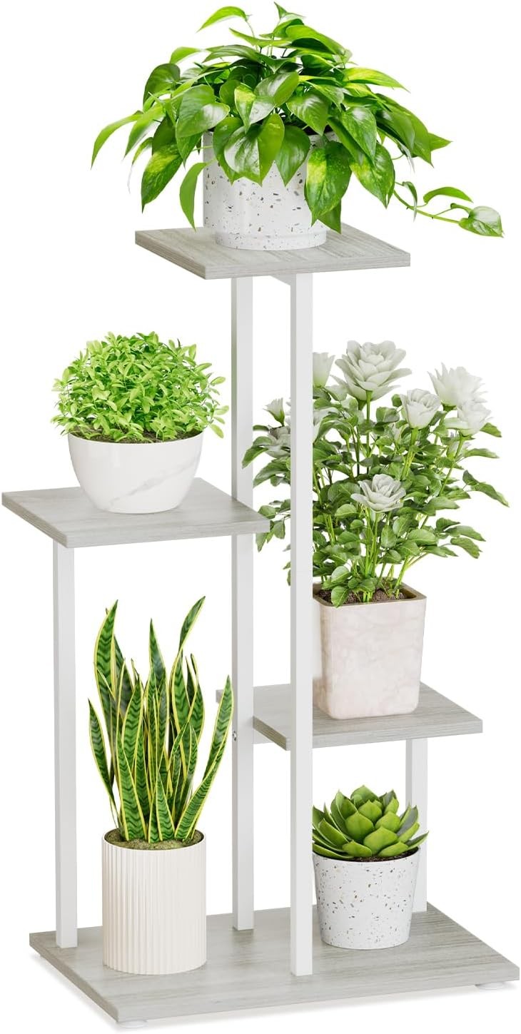 4 Tier White Metal & Wood Plant Stand | Modern Indoor Corner Shelf Display Rack