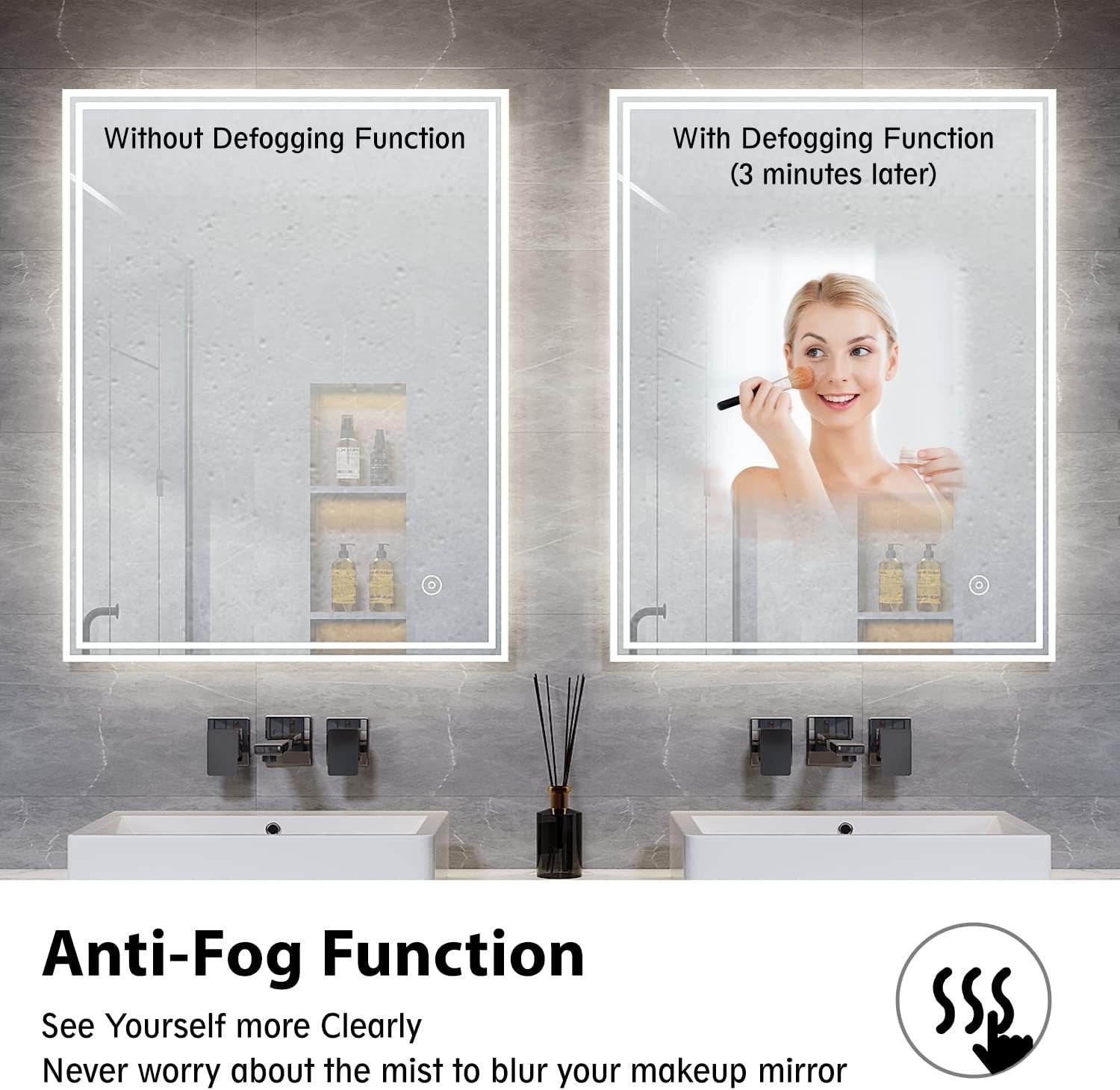 LED Bathroom Mirror 90x70cm Wall Mounted Anti-Fog Sensor Light Heated Pad