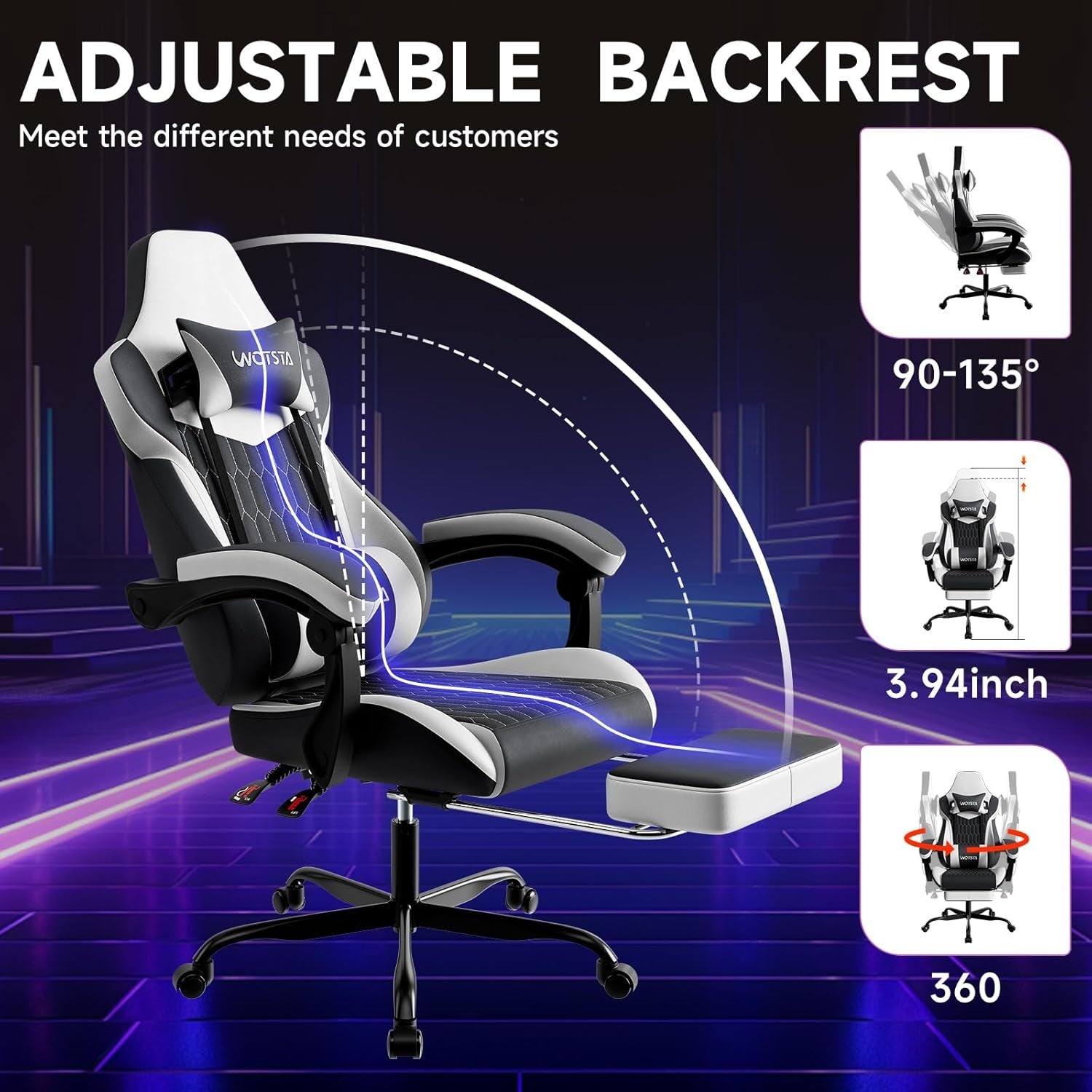 Ergonomic Gaming Chair w/ Footrest & Lumbar Support Black White