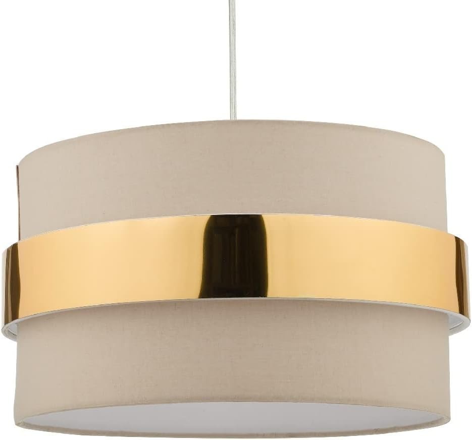 Taupe Drum Pendant Lampshade Gold Band Easy Fit Ceiling Shade 38cm