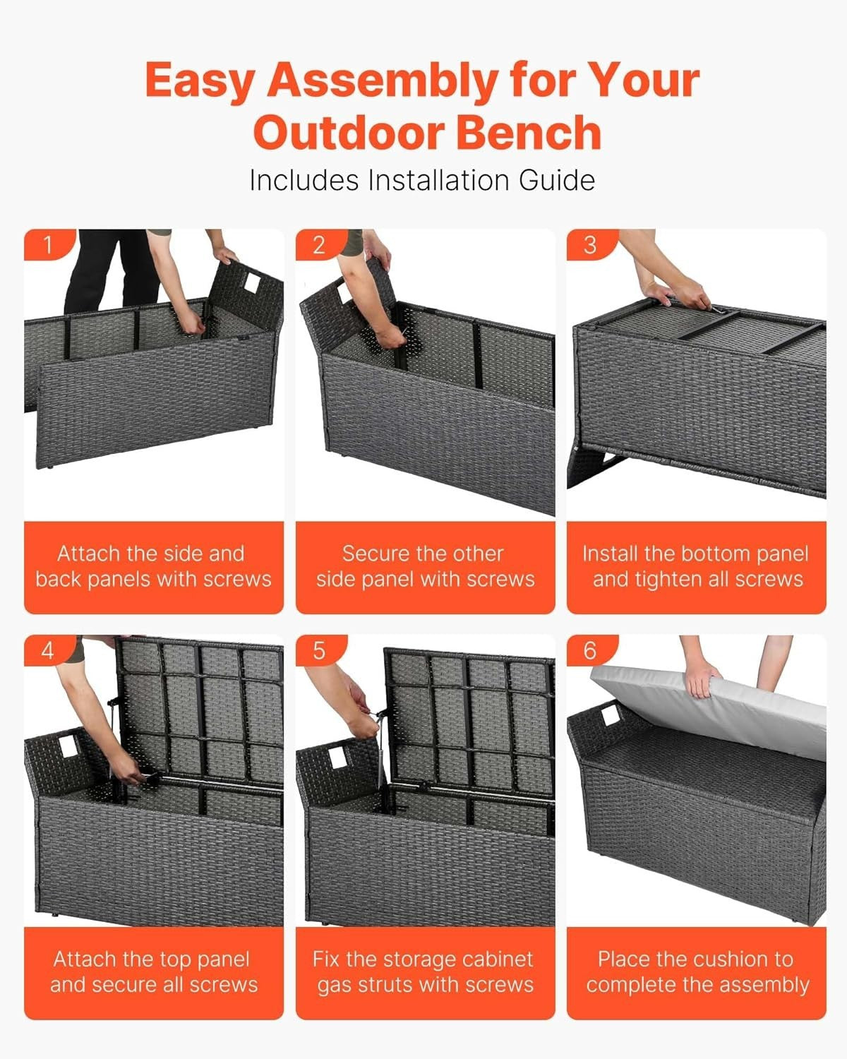 Outdoor 2-Person Storage Bench with Cushion, Weatherproof Rattan, 400 lbs Load