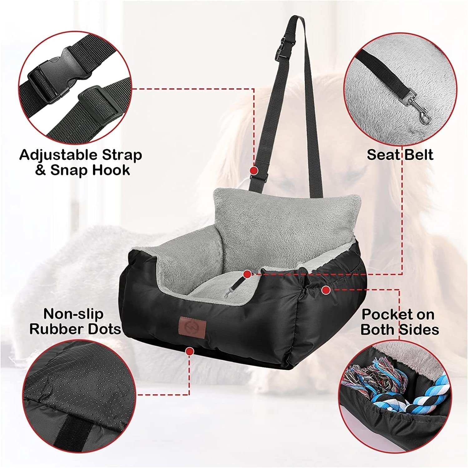 Dog Car Booster Seat Waterproof Plush Travel Bed Safety Leash 16kg