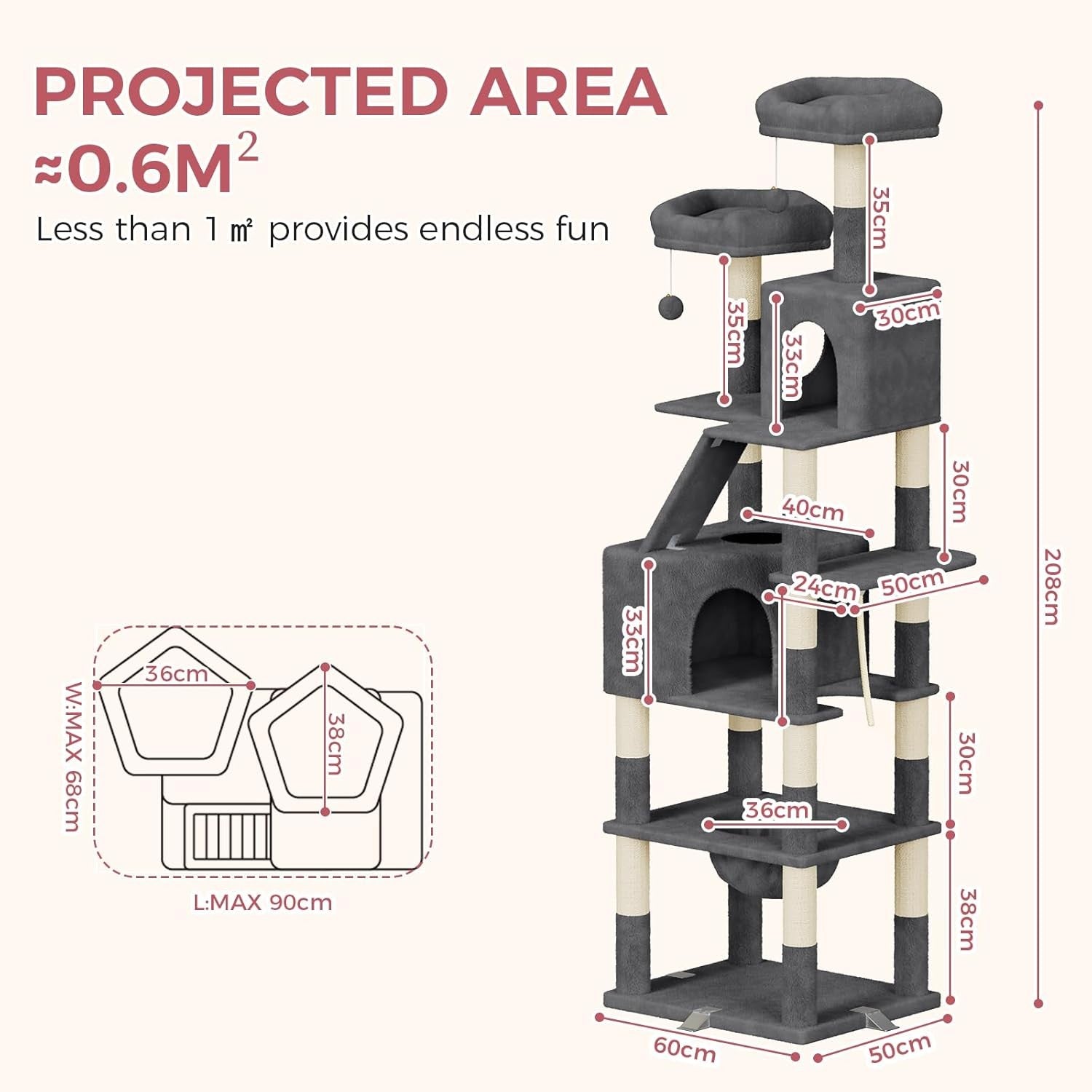 208cm Tall Cat Tree Tower Dark Grey Anti-Tip Multi-Level Condo Scratcher