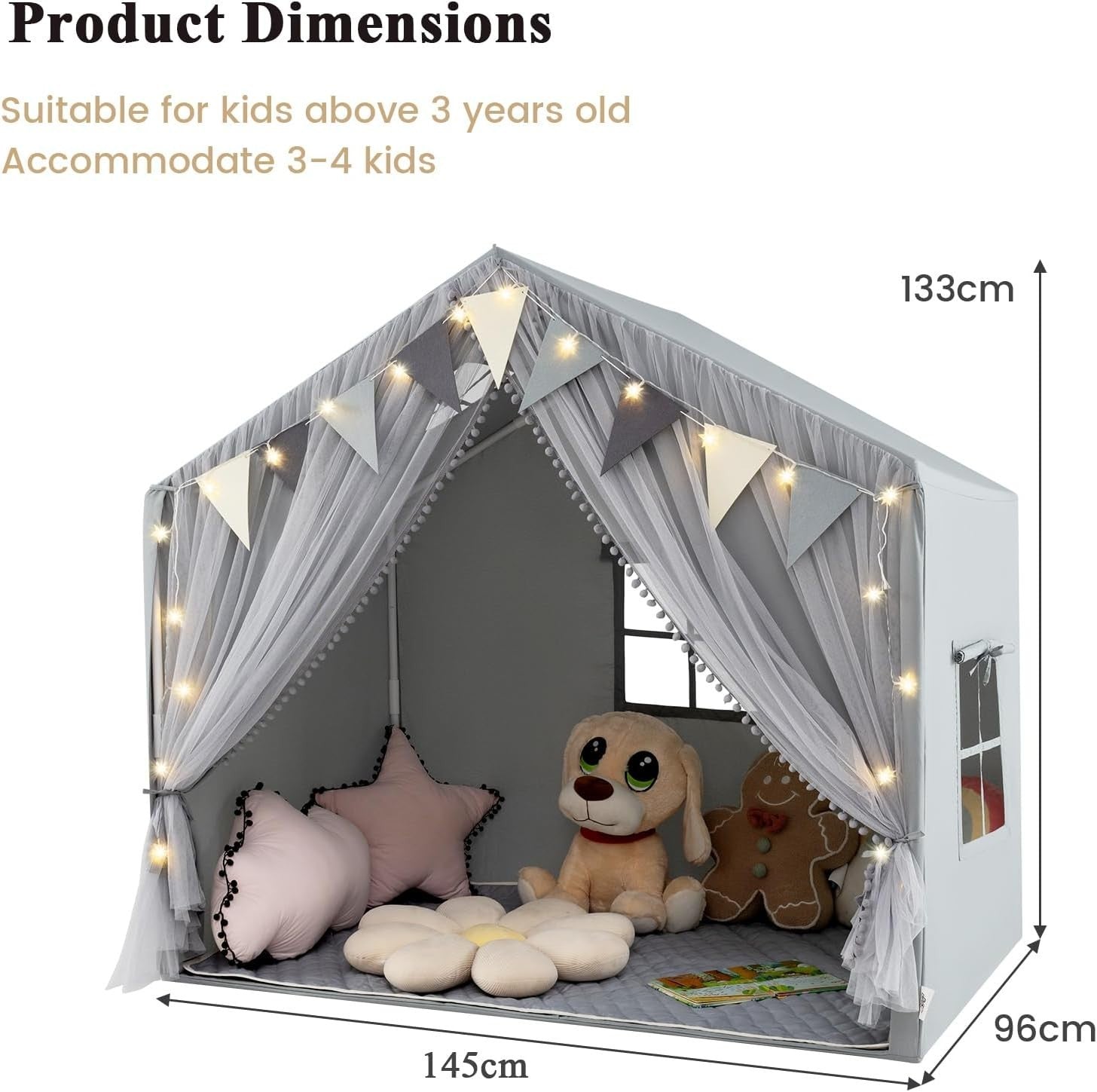 Grey Kids Fairy Play Tent Indoor Playhouse w Lights Mat Curtains