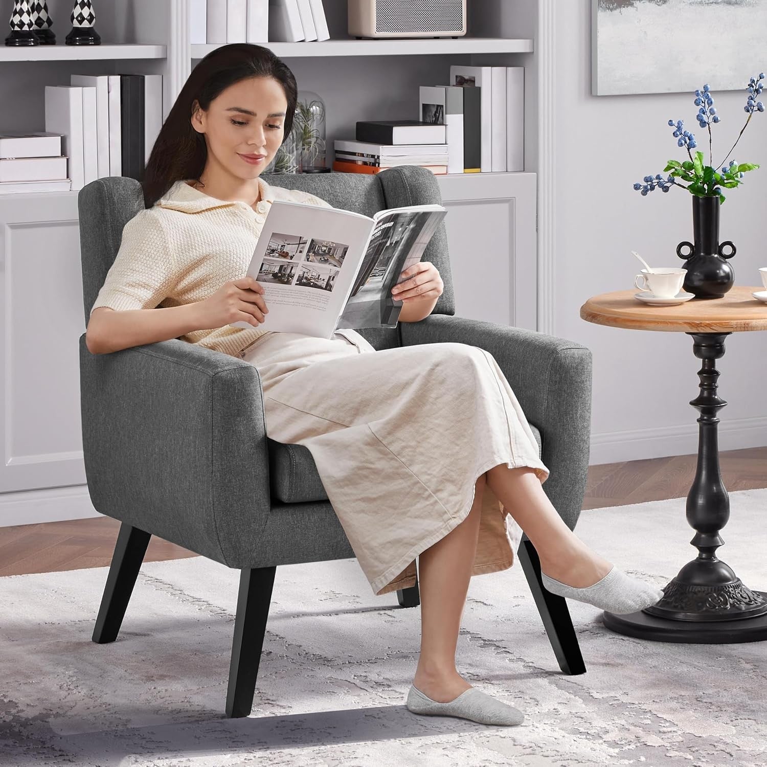 Modern Tub Chair Button‑Tufted Linen Accent Armchair for Living Room