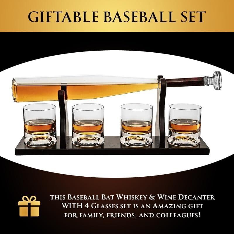 Baseball Bat Whiskey Decanter Set with 4 Glasses – Unique Gift for Him